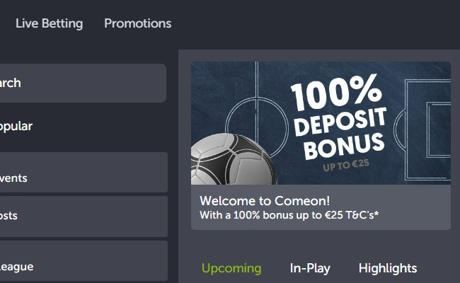 100% Welcome Bonus up to €25 by ComeOn! bookmaker!
